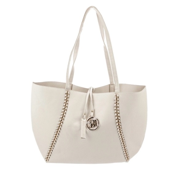 Badgley Mischka Handbags - Badgley Mischka Off White Leather Shoulder Bag with Gold Chain Detail and Charm